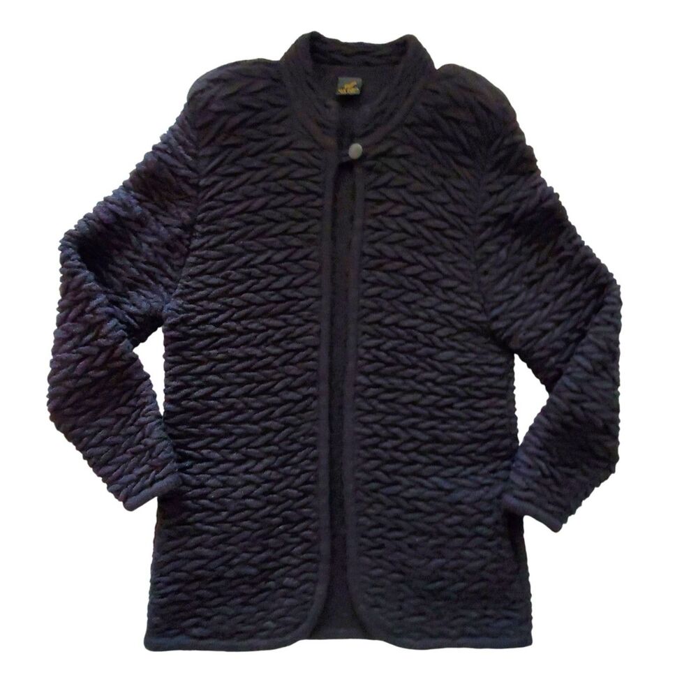 100% Alpaca Handmade Peru Cardigan Coat Textured Chevron Knit Black M/L Artisan